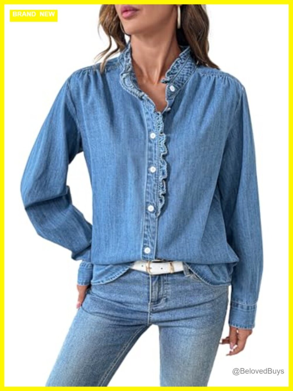 Ruffled Button Down Denim Shirt Long Sleeve V Neck Cotton Blouse